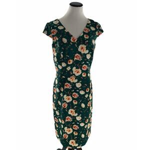 JM Studio By John Meyer Dress Women's 10 Emerald Floral Cap Sleeve Stretch Midi